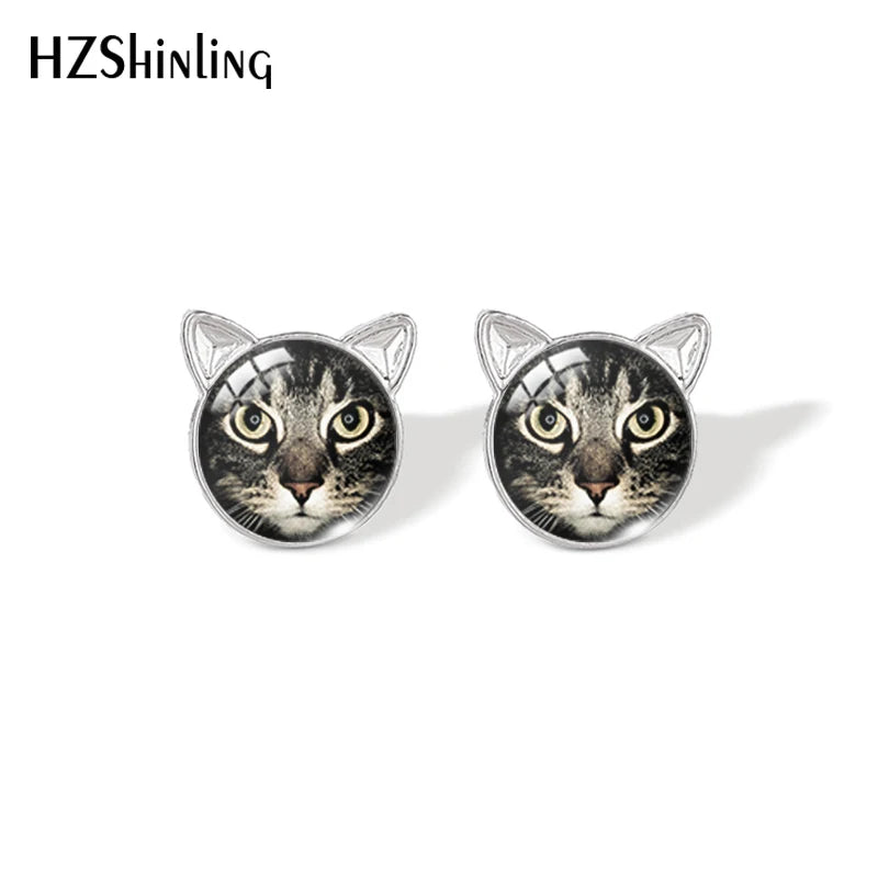 Lovely Cat Face Stud Earrings | Handmade Glass Dome Photo Printed Jewelry for Women close-up view