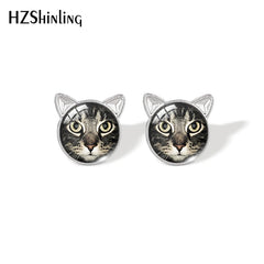 Lovely Cat Face Stud Earrings | Handmade Glass Dome Photo Printed Jewelry for Women close-up view