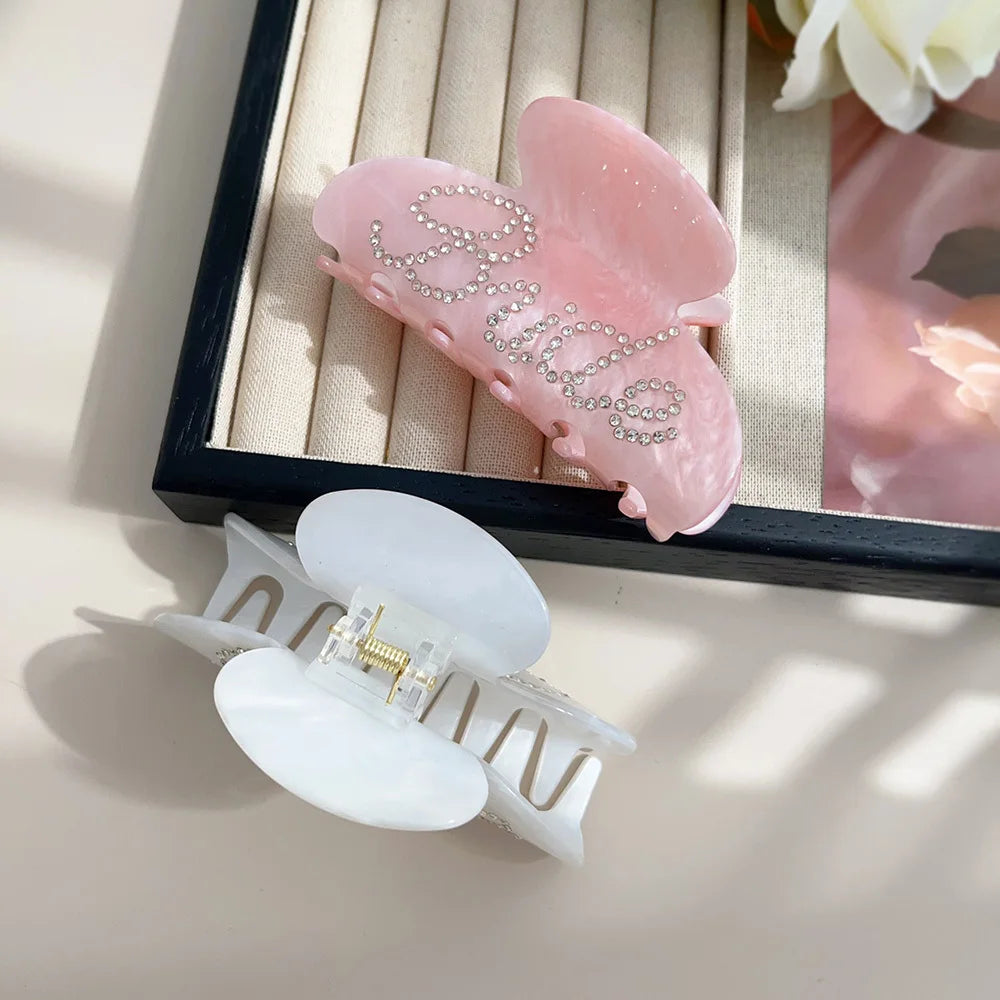Elegant Shinning Rhinestone Bride Letter Big Acetate Hair Claw Clips for Women White Pin detail view
