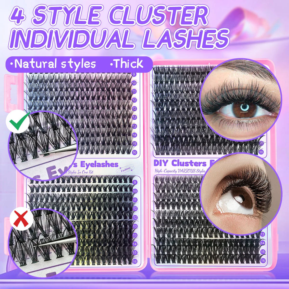 DIY Cluster Eyelash Extensions Kit | 640pcs Individual Lashes for Home Use close-up view