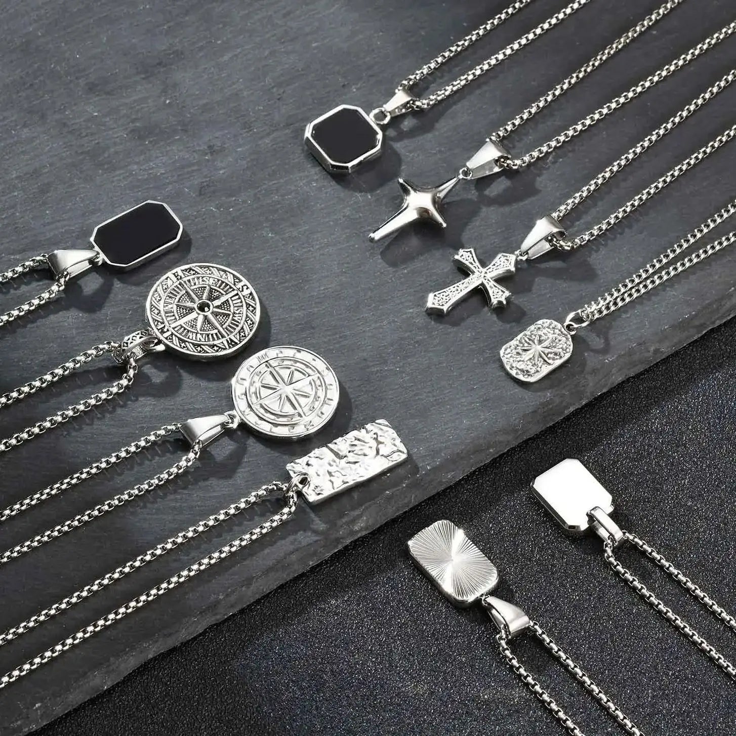 Men's Silver Color Geometric Pendant Necklace, Non Fading Stainless Steel Compass Necklace with Chai