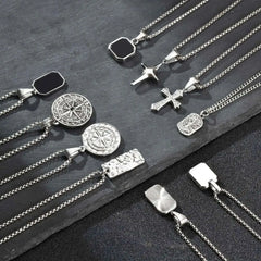 Men's Silver Color Geometric Pendant Necklace, Non Fading Stainless Steel Compass Necklace with Chai