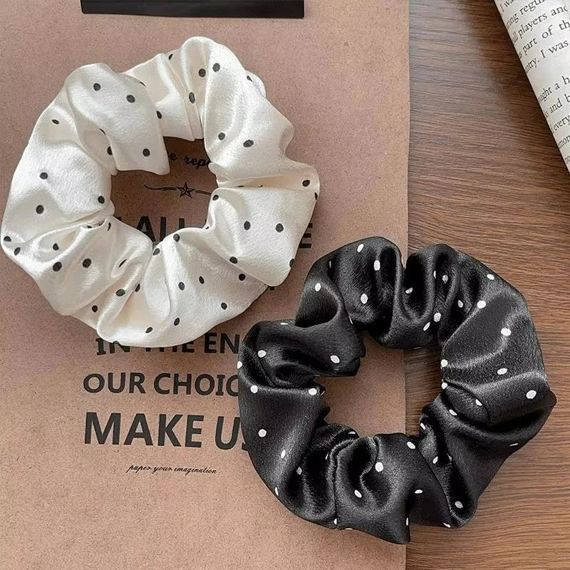 New Polka Dot White Scrunchies 12cm Large Hair Bands Female Elegant Black Hair Rope T lifestyle view
