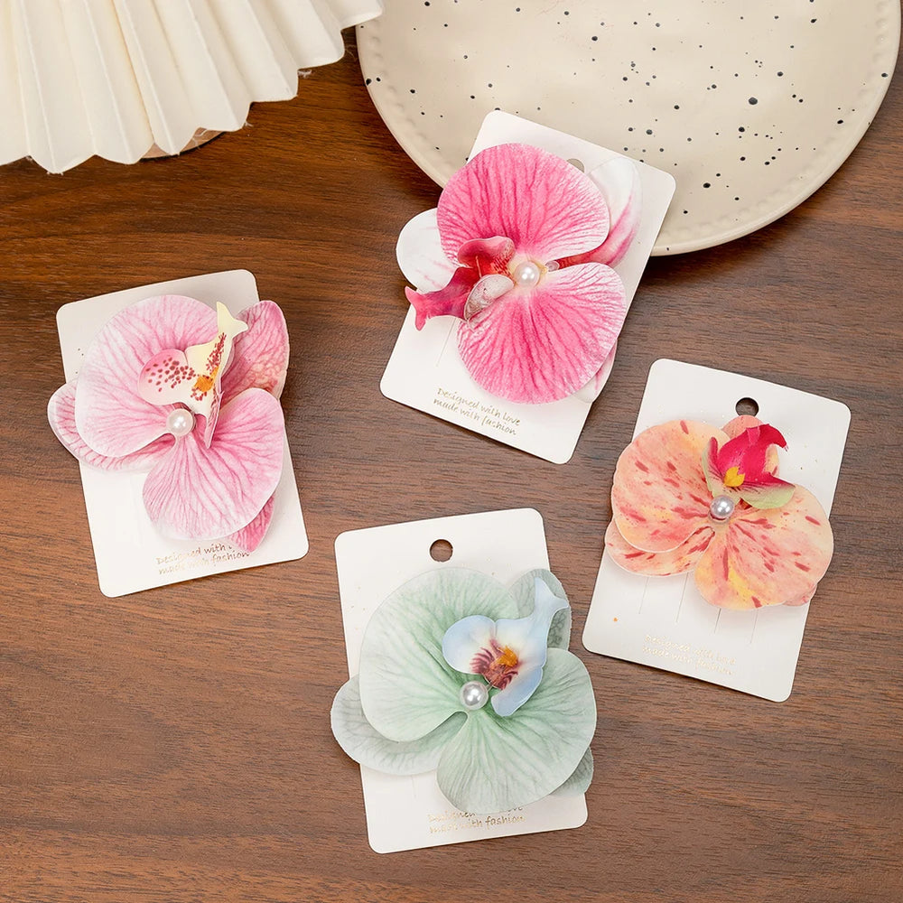 Artificial Orchid Flower Butterfly Hair Clips for Woman Girls Phalaenopsis Pearl Duckbill Hairgrips