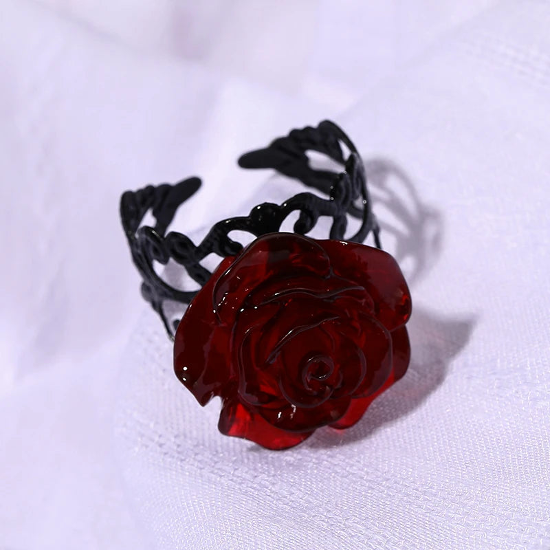 Punk Gothic Red Rose Ring Adjustable Hollow Rings for Women Witch Pagan Vintage Creati close-up view