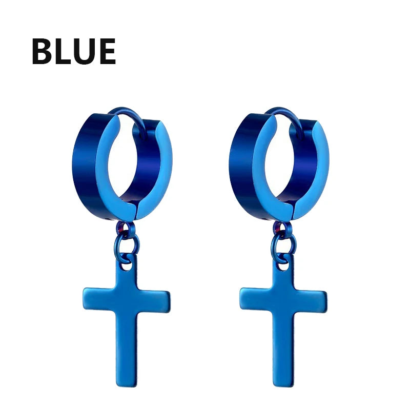1Pair Punk Stainless Steel Cross Pendant Hoop Earrings For Men Women Not Fade Ear Rin lifestyle view