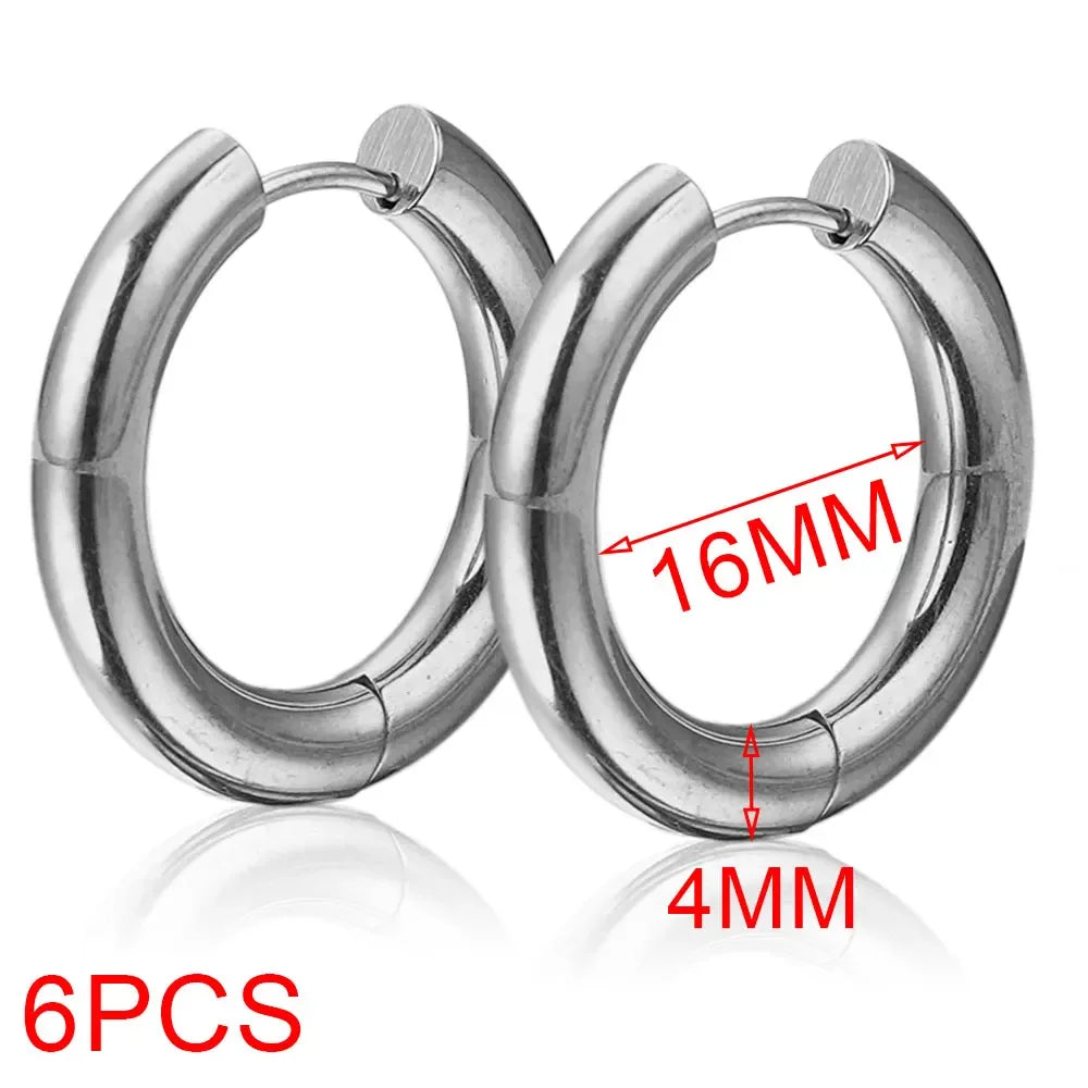 6pcs Stainless Steel 4mm Thick Earrings Gold Plated Large Round Korean Ear Rings Hoop lifestyle view