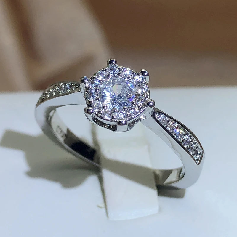 New Fashion Jewelry Zircon Round Wedding Rings For Women Girl 925 Stamp Six-claw Fu additional angle