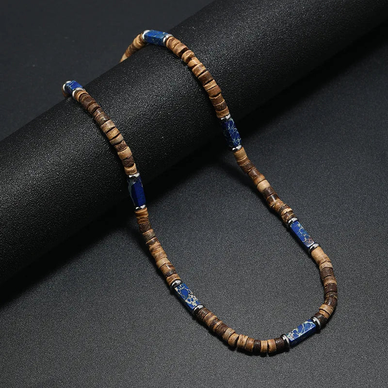 Vintage Boho Natural Stone Necklace for Couples | Brown Coconut Shell Bead Choker lifestyle view
