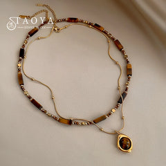 Retro Temperament Layered Tiger Eye Stone Pendant Necklace For Women Stainless Steel Double-Layer Co