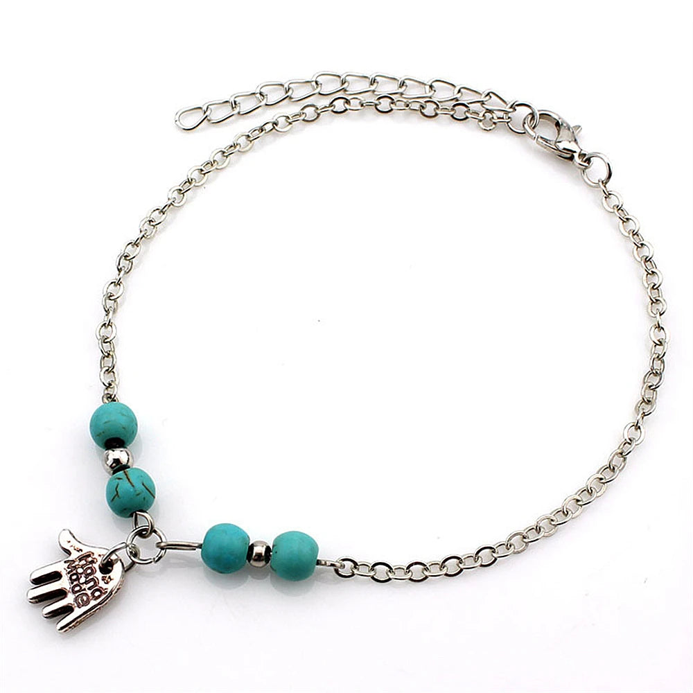 1Pc Boho Turquoise Starfish Anklets Summer Conch Rice Bead Anklet With Adjustable Chain detail view