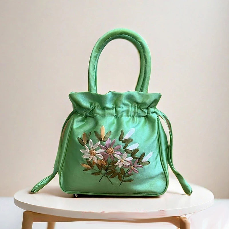 Small Embroidered Flower Bucket Bag | Women's Top Handle Drawstring Purse lifestyle view