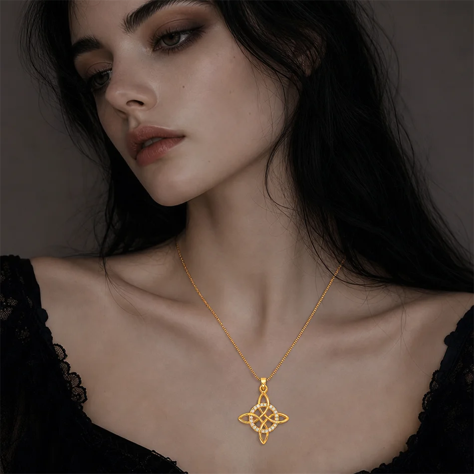 Witch Knot Pendant Necklace Stainless Steel Chain CZ Celtic 4 Elements Protection Amulet detail view