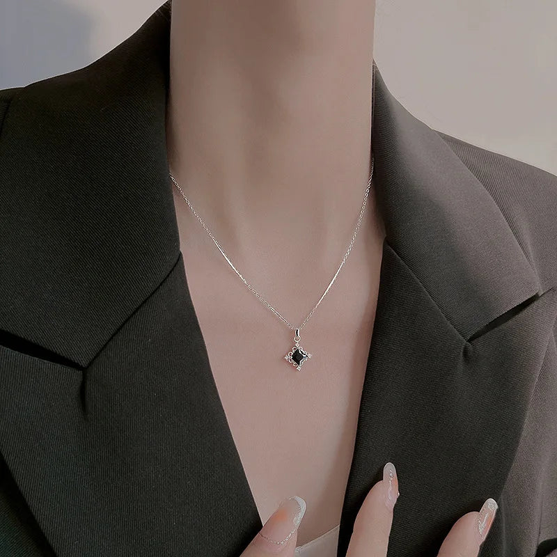 VOQ Silver Square Pendant Necklace | Fashion Gift for Women close-up view