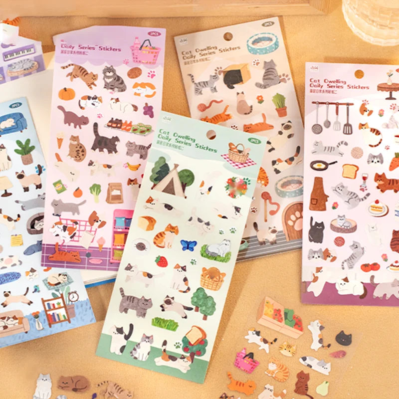 Mr. Paper 6-Pack Cat Life Stickers - Feline Theme Journal Supplies, Creative Collage Decor, Cute Pet