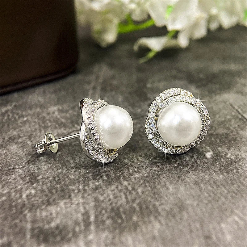 Huitan Sparkling Cubic Zirconia Imitation Pearl Stud Earrings | Silver Tone Fashion J lifestyle view
