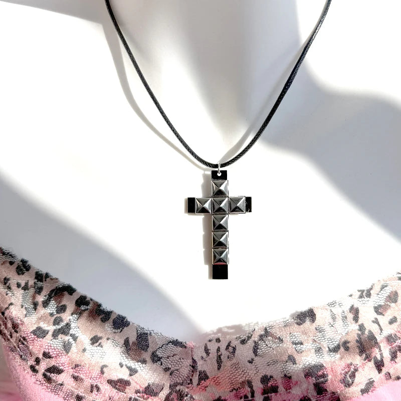 Rivet Cross Pendant Necklace | Punk Gothic Fashion Jewelry for Women close-up view