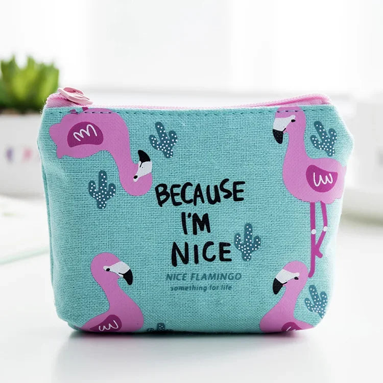 Korean Square Flamingo Coin Money Pouch | Small Canvas Zipper Wallet for Students close-up view