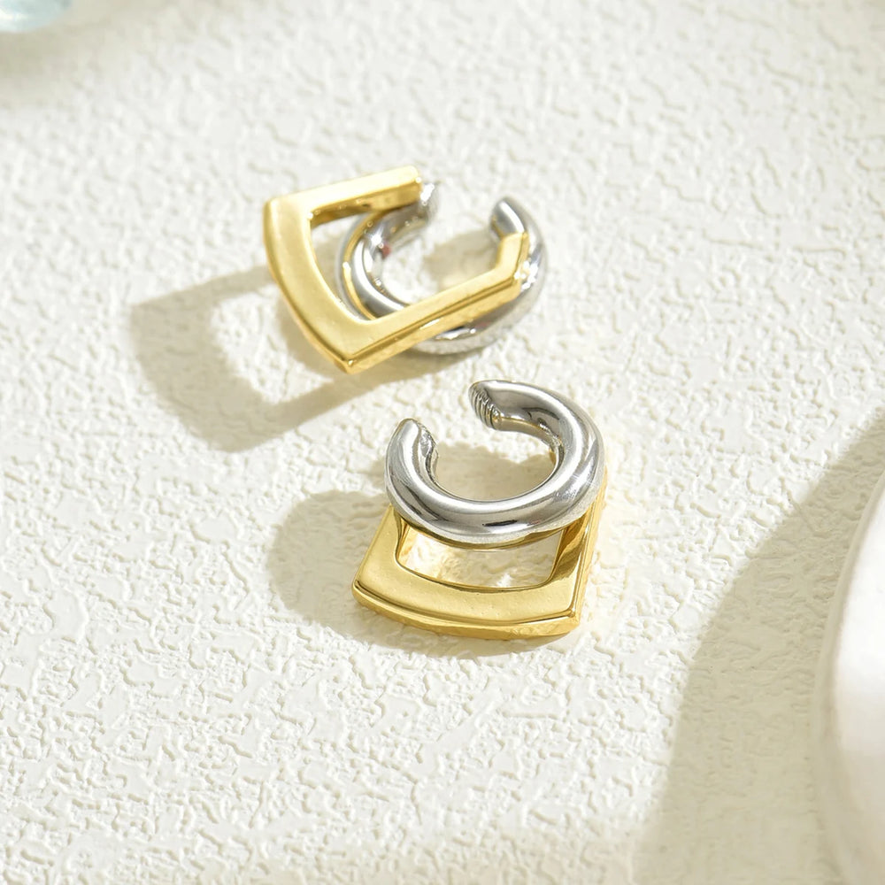 Unique Design Gold Silver Mix Color Geometric Clip Earring Cuff Stainless Steel Squar lifestyle view
