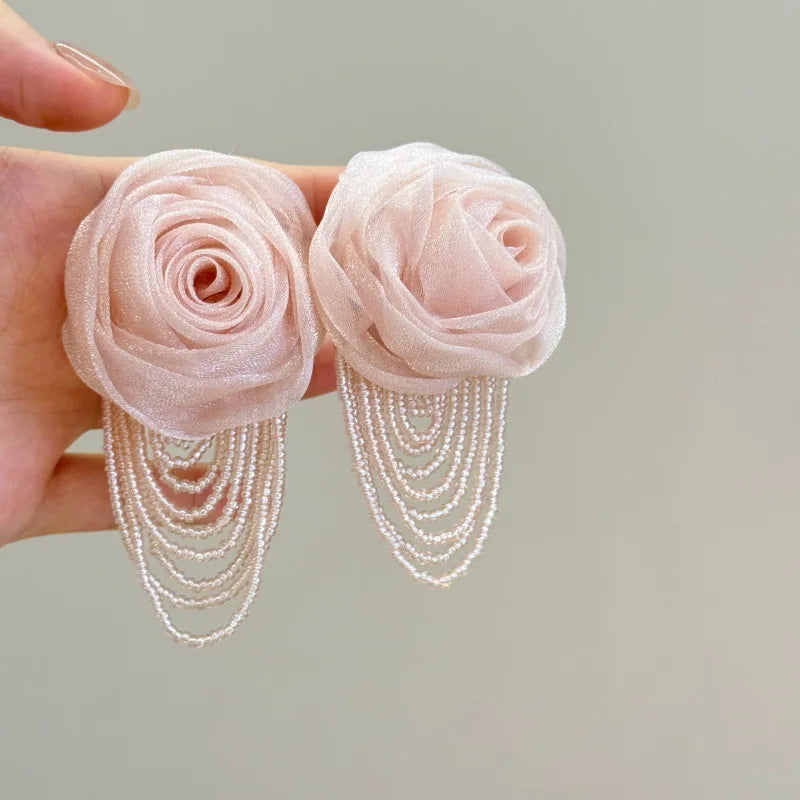 Fairy Mesh Rose Drop Earrings | Handmade Boho Tassel Jewelry detail view