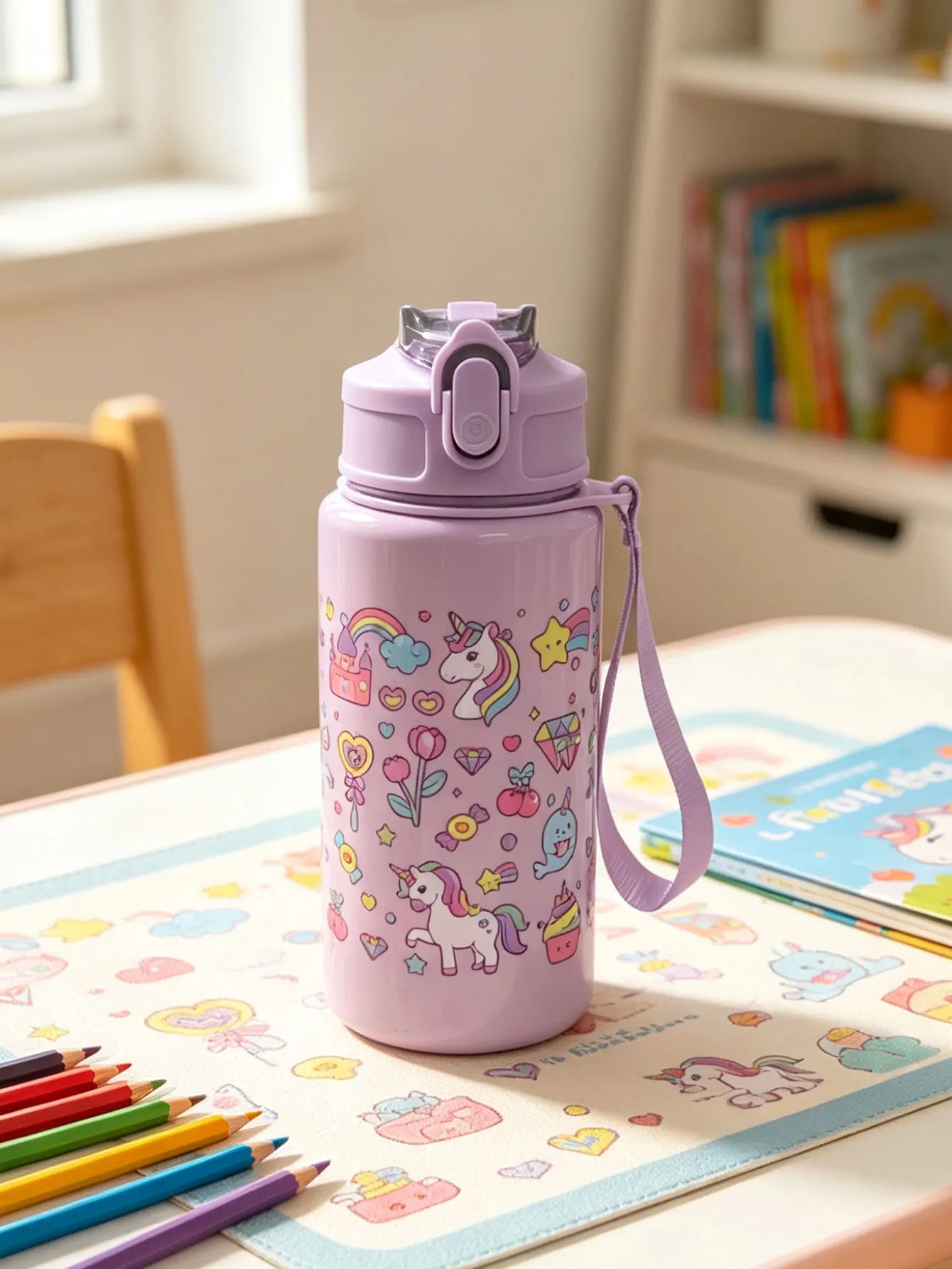 1 Piece 500ml (19 fl oz) Cartoon Printed Straw Cup, Summer Plastic Water Bottle, BPA F close-up view