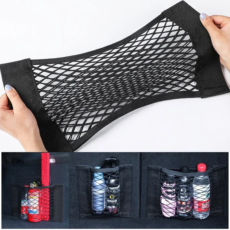 Nylon Mesh Trunk Organizer Rear Seat Net Bag With Magic Tape detail view