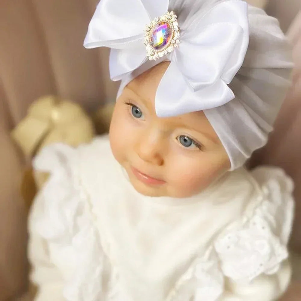 Baby Girl Bowknot Turban Hat with Rhinestone | Soft Knit Headwear for Infants detail view