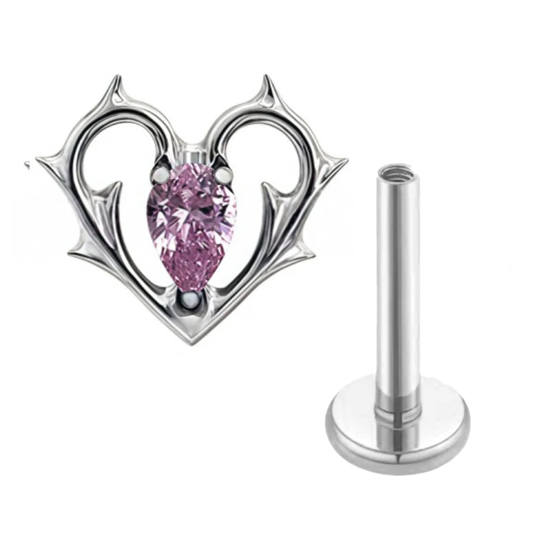 G23 Titanium Lip Piercing Stud Earring with Heart Design Teardrop CZ Nose Stud Internal detail view