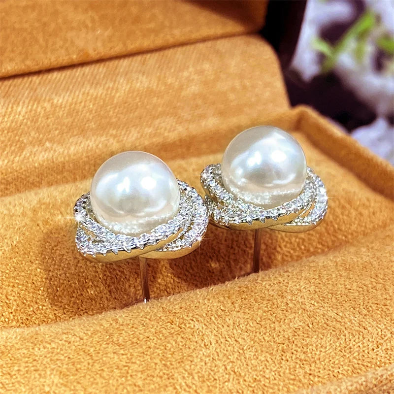 Huitan Sparkling Cubic Zirconia Imitation Pearl Stud Earrings | Silver Tone Fashion Jewe detail view