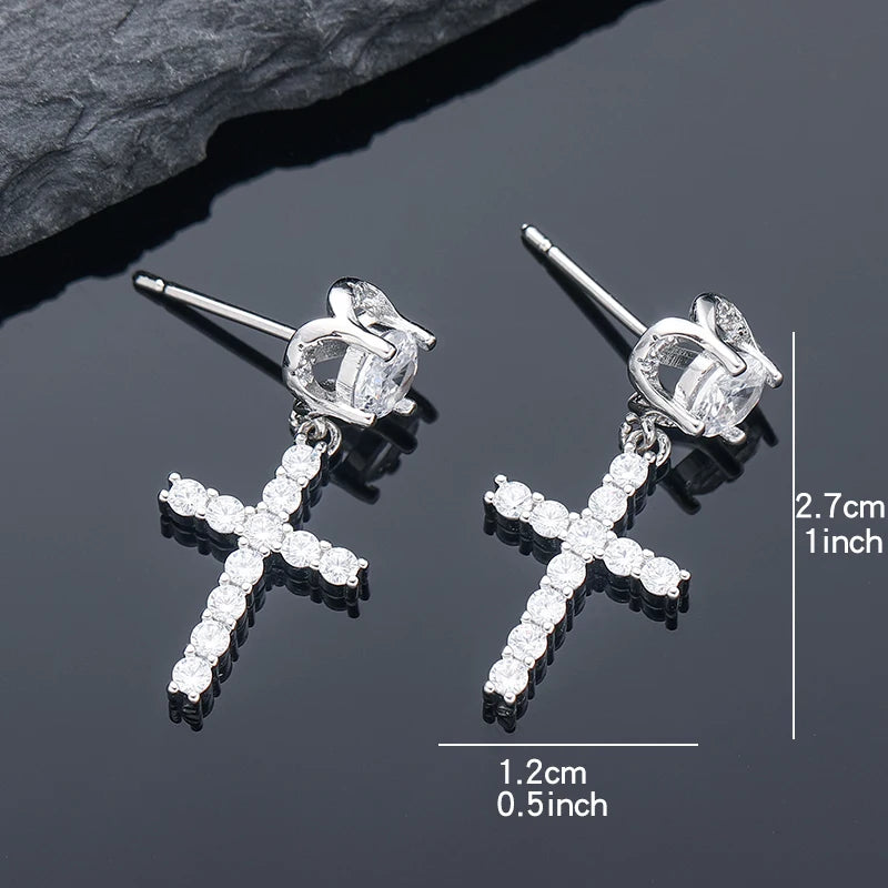 Punk Gold/Silver Cross Stud Earrings | Hip Hop Rhinestone Piercing Ear Accessories close-up view