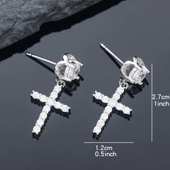 Punk Gold/Silver Cross Stud Earrings | Hip Hop Rhinestone Piercing Ear Accessories close-up view