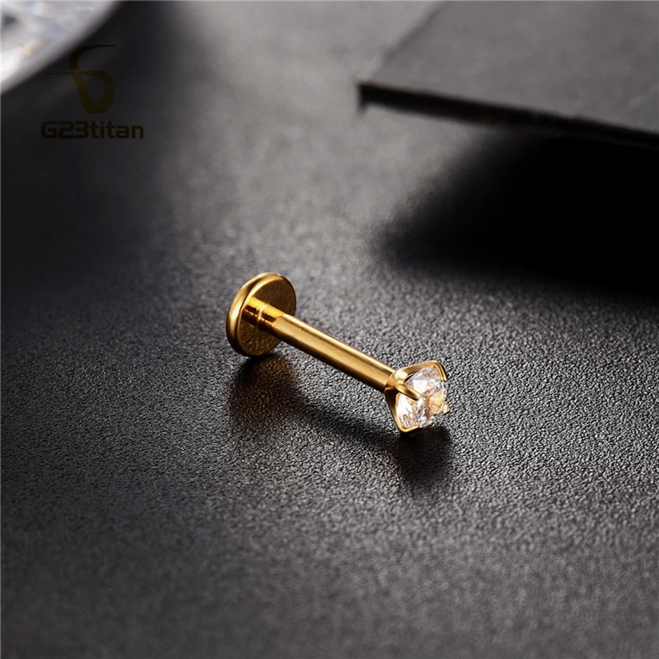 16G 18G Titanium Labret Stud Nose Ring | Zircon Internally Threaded Body Jewelry for lifestyle view