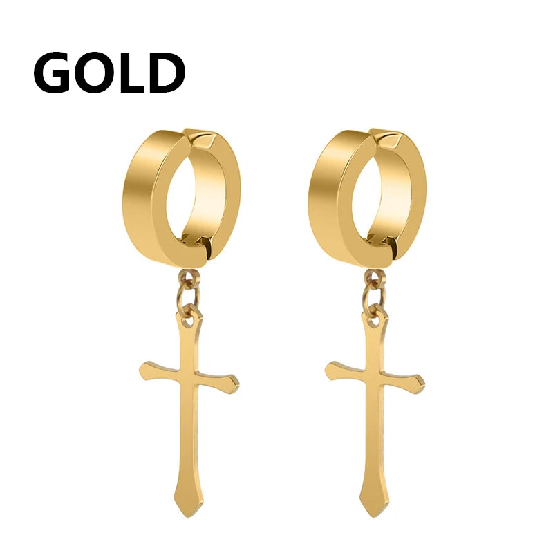 Fashion Titanium Steel Cross Ear Clip Earrings For Men Women Stainless Steel Punk Black Single Earring Fake Earrings Jewelry