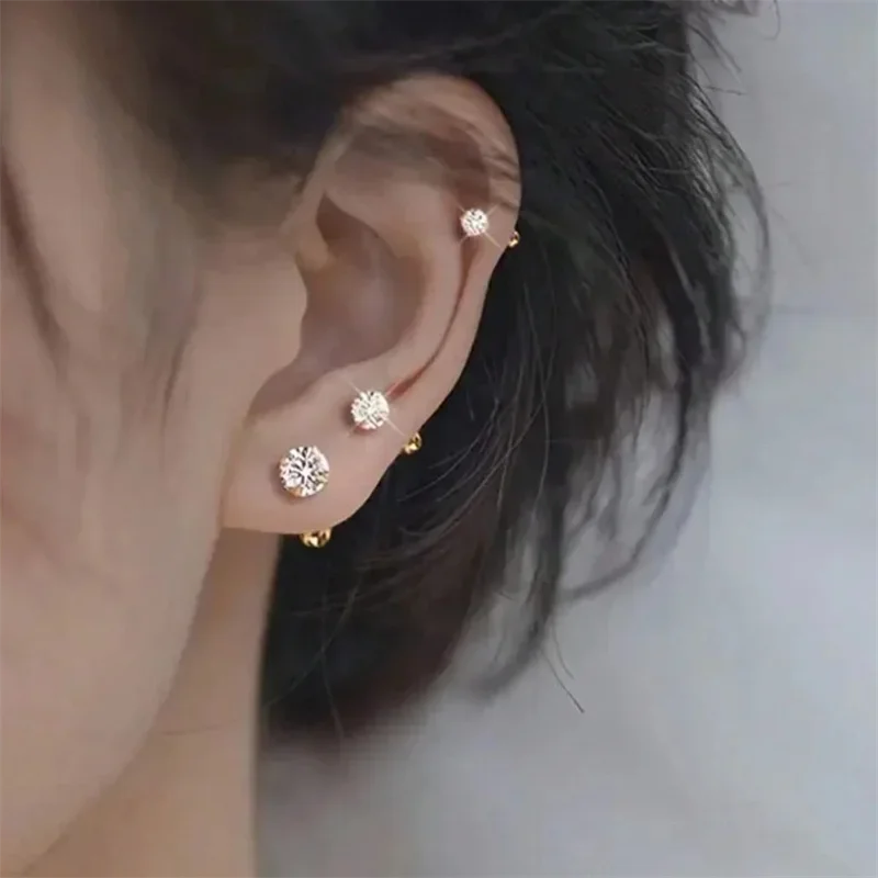 3Pairs Classic Round Zirconia Stud Earrings For Women, Stainless Steel Women's Cartil alternate view