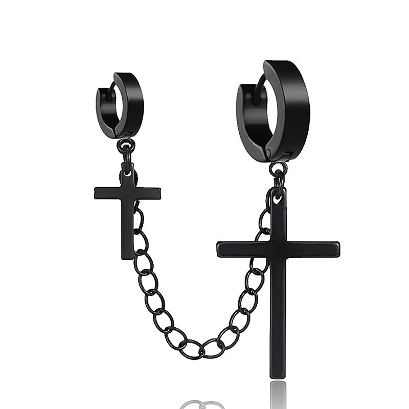 Punk Cross Pendant Clip Earring | Unisex Metal Chain Tassel Ear Cuff detail view