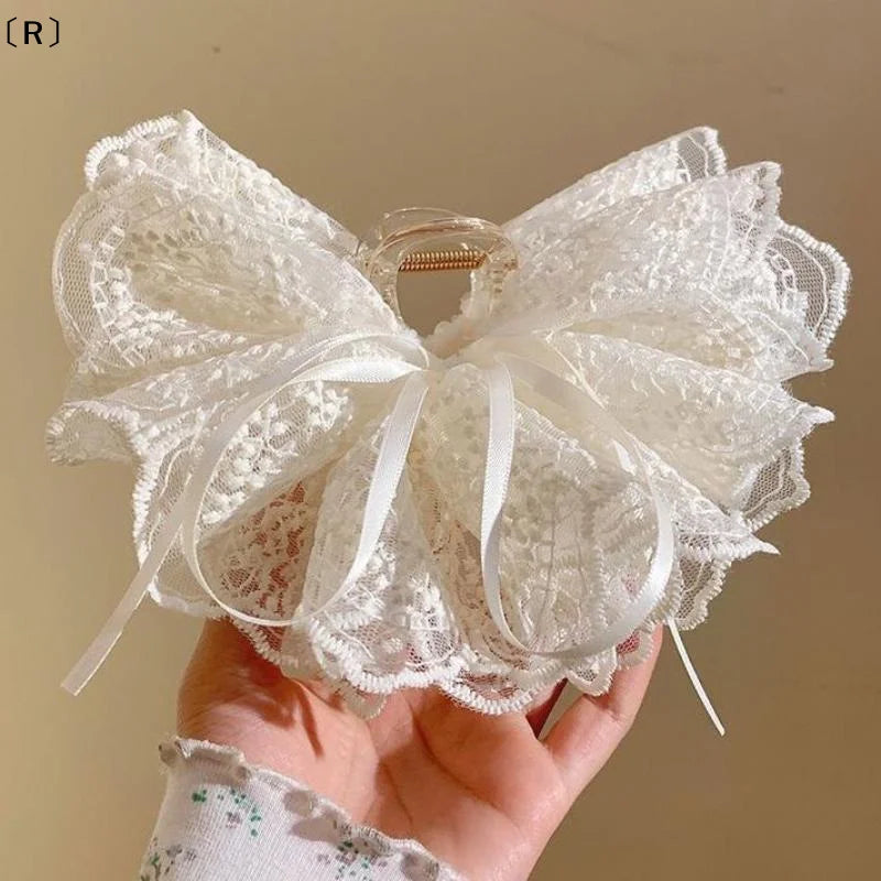 〔R〕Elegant White Ribbon Bow Hair Claws Fashion Fabric Hair Clip Crab For Girl Gift Hair Accessories Valentine Headwear
