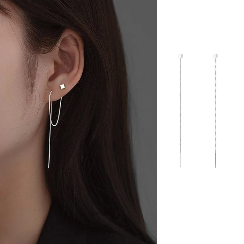 JWER S925 Silver Needle Star Line Earring for Women Tassel Drop Earring Long Chain Bea close-up view