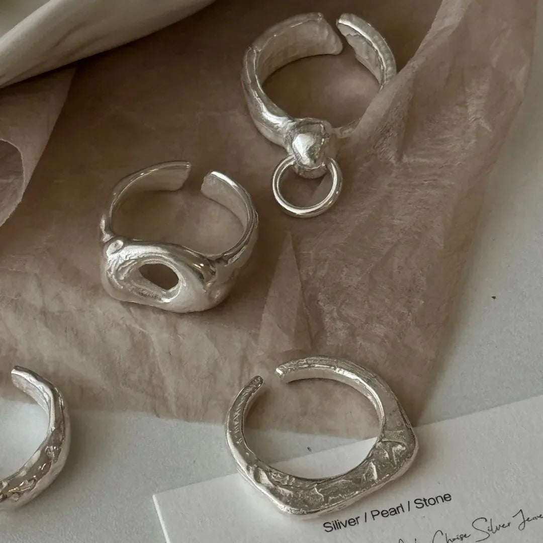 PANJBJ 925 Sterling Silver Frosting Geometry Ring for Women Wide Texture Versatile Handm detail view