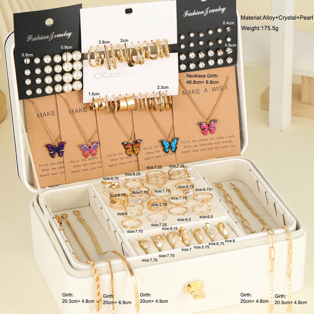 104 Pcs/Set Fashion Metal Pearl Zircon Earrings Butterfly Necklaces Bracelets Rings C lifestyle view