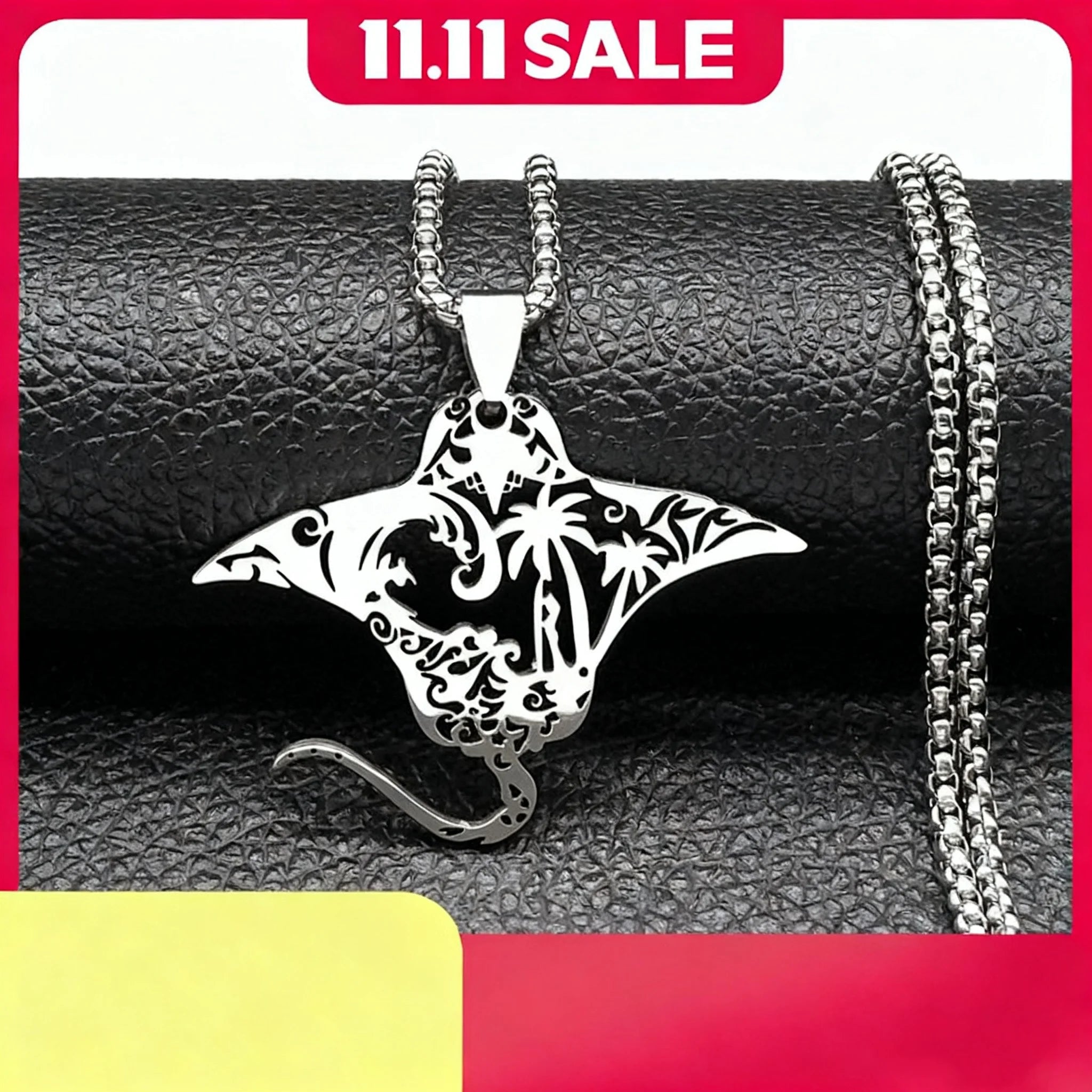 Manta Ray Sea Devil Fish Pendant Necklace | Stainless Steel Gold Silver Color Chain Je close-up view