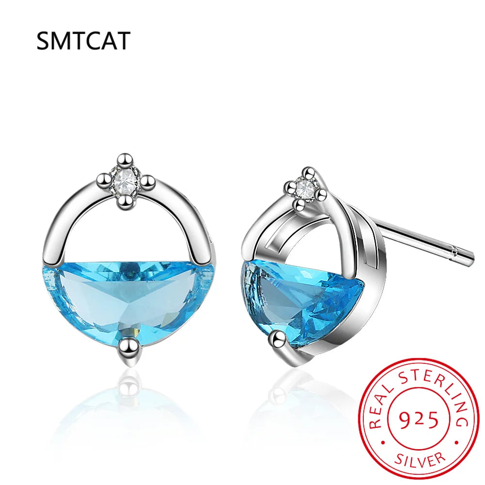 Half Round Natural Sky London Blue Topaz 925 Sterling Silver Spring Water Stud Earrings for Woman St