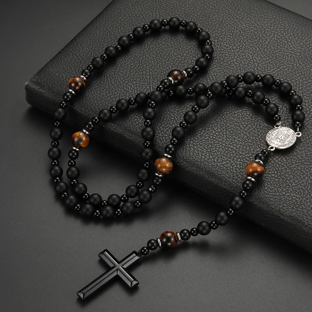 Lava Stone Black Obsidian Yellow Tiger-eye Beads Cross Pendant Y Necklace for Men alternate view