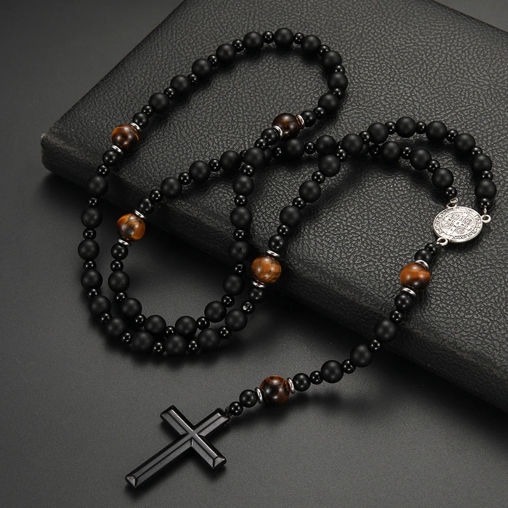 Lava Stone Black Obsidian Yellow Tiger-eye Beads Cross Pendant Y Necklace for Men alternate view