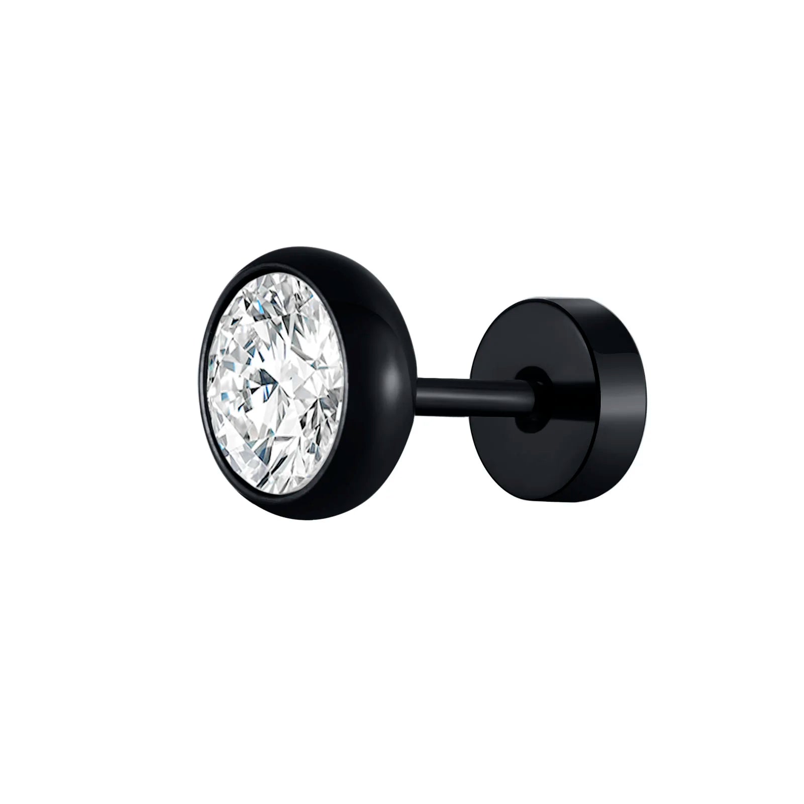 Vnox Multi-faced Cut Zircon Stone Earrings for Men, Screw Back Stud Barbell Shaped Ear close-up view