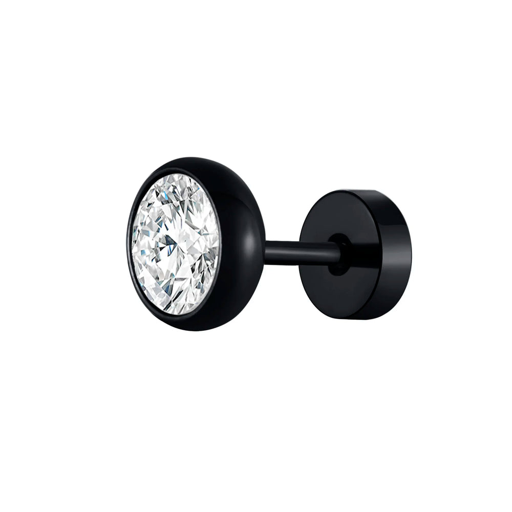 Vnox Multi-faced Cut Zircon Stone Earrings for Men, Screw Back Stud Barbell Shaped Ear close-up view