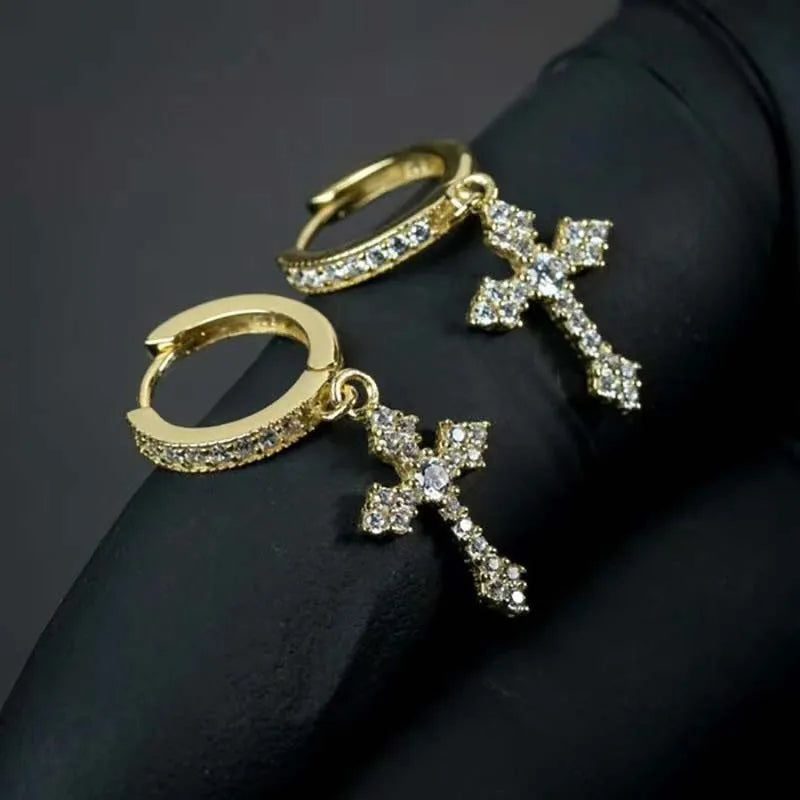 Korean Sliver Color Zircon Cross-Shape Drop Earrings | Punk Hip Hop Crystal Pendant E alternate view