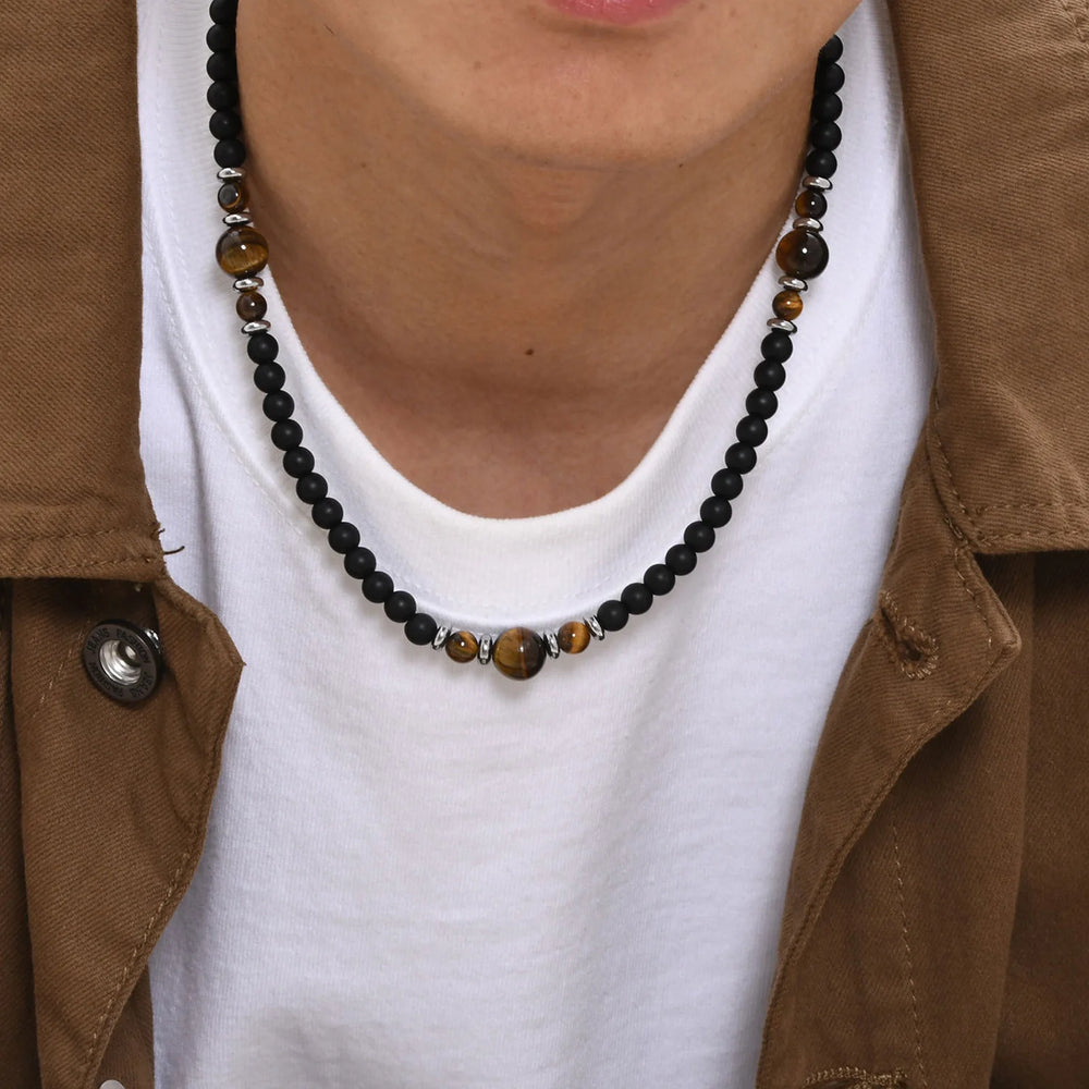 Casual Black Brown Beaded Necklace for Men | Summer Beach Tiger Eye Stone Jewelry