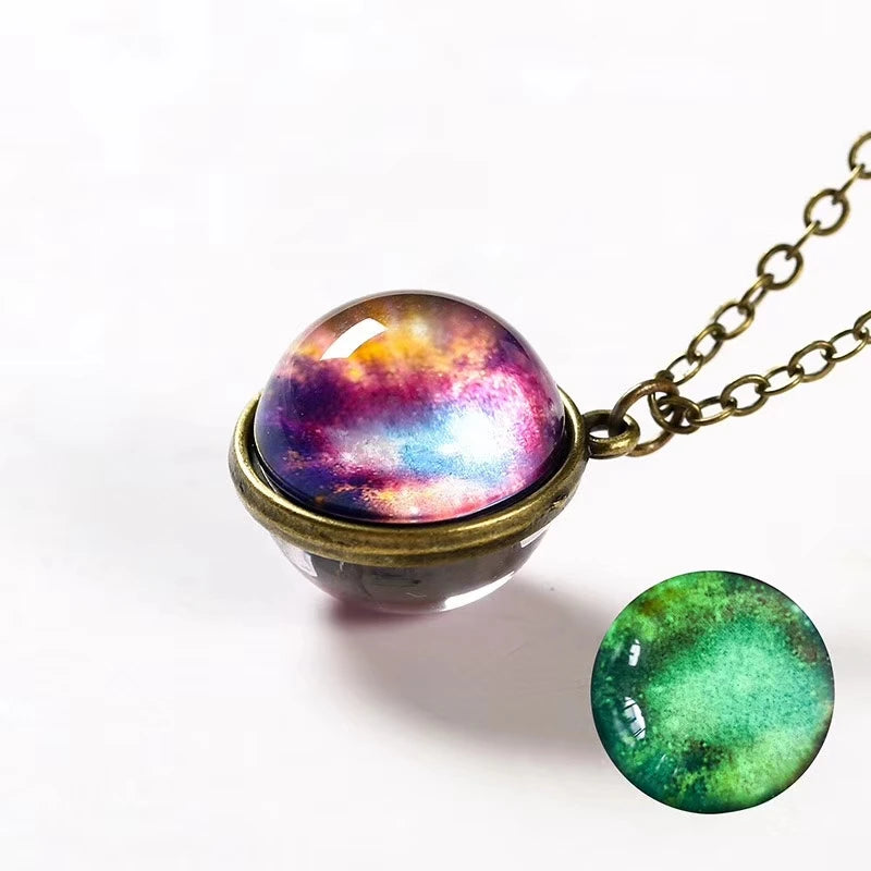 Universe Planet Earth Glass Luminous Double-Sided Retro Pendant Necklace For Women Men close-up view