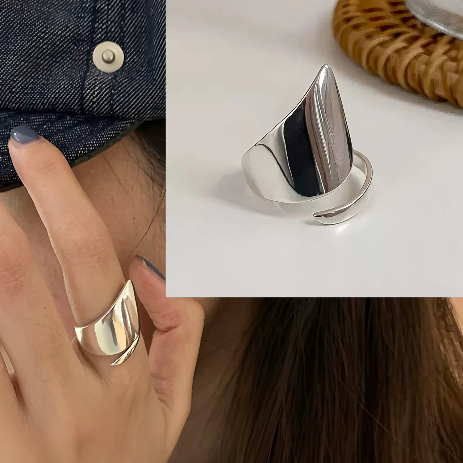 VENTFILLE 925 Sterling Silber gewölbter, breiter geometrischer Punk-Ring | Asymmetrischer Cocktail-Schmuck