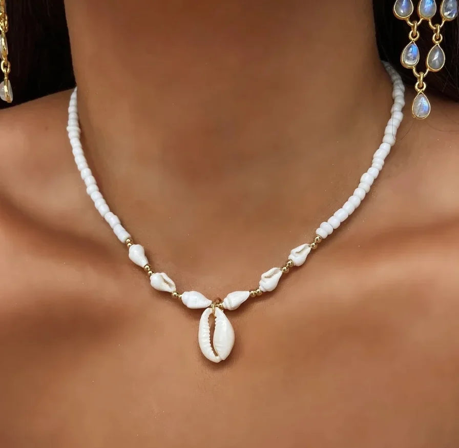 White Glass Seed Bead with Beaded Conch Shells Necklace additional angle